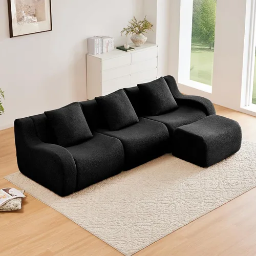 Miniatura 40 de Otomana de tela de peluche negra, moderno reposapiés modular sin hueso en una caja para sala de estar, cómodo diseño de asiento profundo,