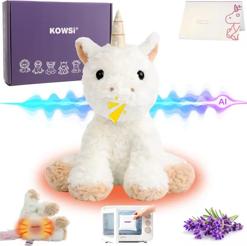 KOWSI® AI ChatGPT - Peluche interactivo de unicornio parlante, 1.4 libras, calentable para microondas con almohadilla térmica de turmalina lavanda,