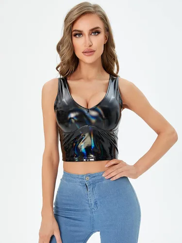 Miniatura 4 de Floerns Camiseta corta sin mangas de piel sintética con cuello en V para mujer