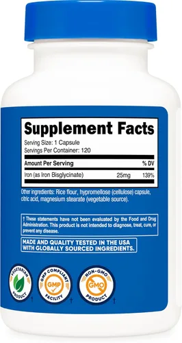 Miniatura 5 de Nutricost Suplemento de bisglicinato de hierro (25 mg) 120 cápsulas - de quelato de bisglicinato ferroso - Sin OMG y sin gluten