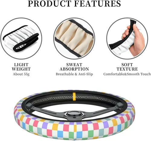 Miniatura 4 de Funda de volante a cuadros para mujeres, funda universal para volante de automóvil de 14-15 pulgadas, accesorios interiores para automóvil, con 2