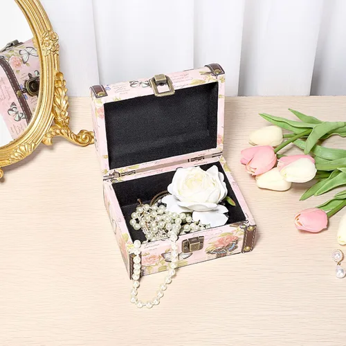 Miniatura 4 de ELLDOO Caja Decorativa de Cofre del Tesoro, Caja de Almacenamiento de Madera + Cuero PU para Joyas y Baratijas, Caja de Recuerdos para Mujeres