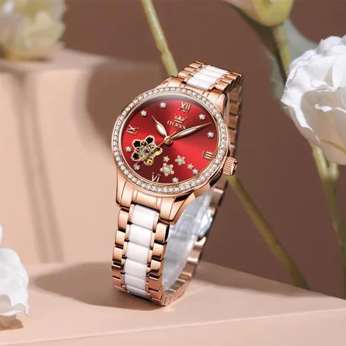 Miniatura 8 de OLEVS Relojes para mujer, reloj automático de lujo, correa de cerámica, oro rosa, reloj de pulsera para mujer
