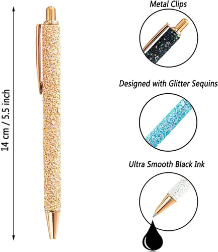 Miniatura 2 de 9 piezas de bolígrafos elegantes para mujer, bolígrafos de purpurina de colores, bolígrafos retráctiles de metal, tinta negra, punta media, 3/64
