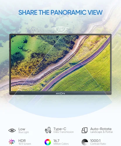 Miniatura 3 de ARZOPA Soporte para Monitor Portátil con Base, Monitor Portátil Ultradelgado de 14.0" para Laptop FHD 1080P Pantalla Externa con Altavoces Duales