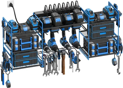 Miniatura 8 de CCCEI Organizador de herramientas eléctricas negro para montaje en pared, herramientas grandes y estante de almacenamiento de batería, estación