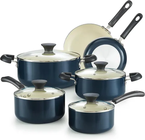 Cook N Home Juego de ollas y sartenes antiadherentes, juego de utensilios de cocina de cerámica de 10 piezas, juego de cocina antiadherente con Azul