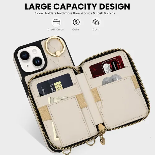 Miniatura 2 de Funda tipo cartera para iPhone 15 de 6.1 pulgadas, bolso cruzado con cremallera y correa para la muñeca con cordón para mujer, tarjetero con bloqueo