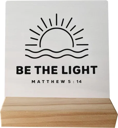 Verso Bíblico Cristiano Mateo 5:14 Sea la Luz Sol Pequeño Cartel de Madera para Escritorio con Soporte de Madera, Cartel Religioso Inspirador para