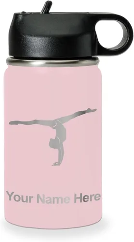 Miniatura 80 de LaserGram Botella de agua personalizada, gimnasta niña, acero inoxidable de doble pared aislada al vacío con popote superior, regalo grabado Azul