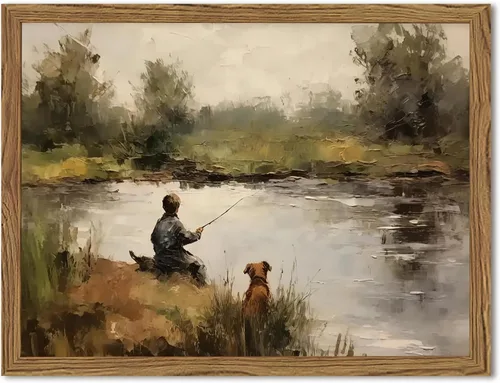 Arte de pared vintage, pinturas decorativas de pared de niño pescando, impresiones en lienzo de paisaje de perro y niño, obras de arte vintage de