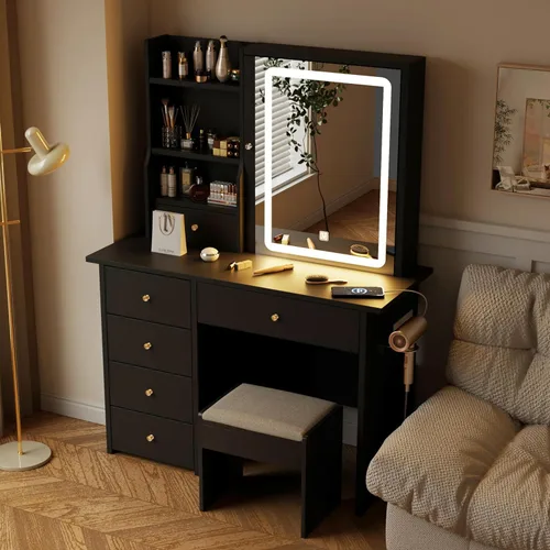 Miniatura 6 de Escritorio de tocador con espejo y luces LED, juego de tocador de maquillaje con toma de corriente y taburete, almacenamiento de joyas, escritorio
