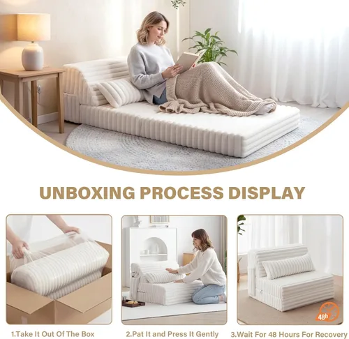 Miniatura 9 de Tiita Sofá Cama Plegable - Silla Reclinable Convertible de 4 Pliegues con Funda de Pana y Almohada Rectangular, Colchón de Sofá de Suelo para beige