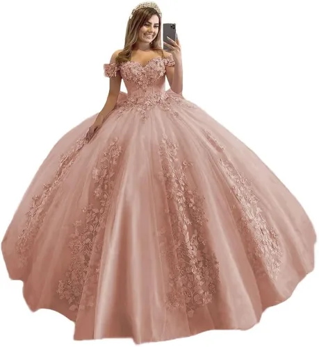 XYAYE Vestidos de quinceañera con hombros descubiertos para mujer, vestido de fiesta hinchado de flores 3D, vestido de fiesta de encaje con cuentas