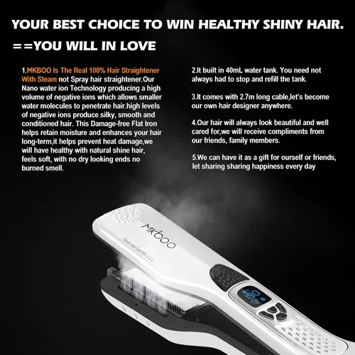 Miniatura 3 de Plancha de pelo con vapor, plancha plana de vapor de cerámica Nano Titanium profesional con peine extraíble+LCD digital+temperatura ajustable de 5