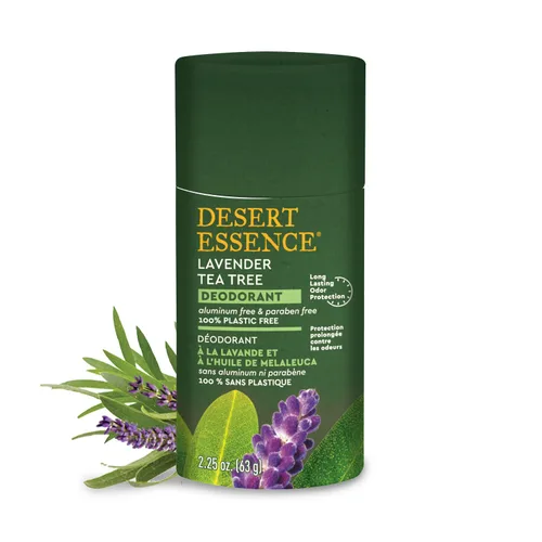 Desert Essence Lavendar Desodorante de árbol de té – 100% libre de plástico, protección natural del olor – Sin aluminio ni parabenos con árbol de té