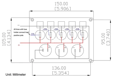 Miniatura 8 de Panel de Interruptores Basculantes Marinos de Barco de 5 Posiciones Azul Mejorado con Disyuntores, Panel de Interruptores Impermeable con Fusible