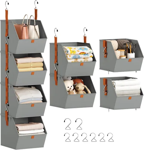 Homsorout Organizador de Armario Colgante de 4 Niveles - Estantes Colgantes para Ropa, Sistema de Armario Ahorro de Espacio, Contenedores de Gris
