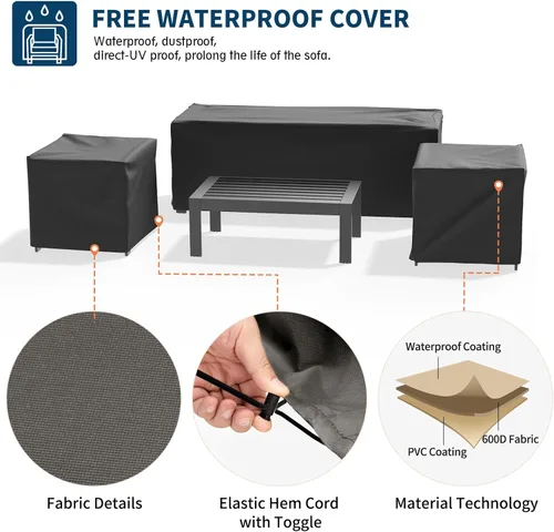 Miniatura 8 de UDPATIO Juego de muebles de aluminio para patio, juego de 4 piezas para conversación al aire libre con fundas impermeables, sofá modular moderno