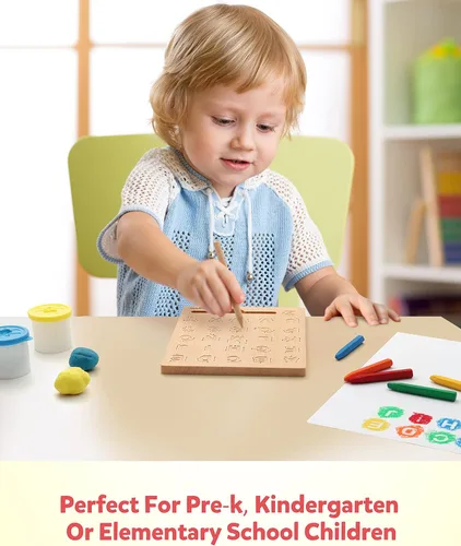 Miniatura 8 de Coogam Tabla de práctica de letras de madera, herramienta de rastreo del alfabeto de doble cara, herramienta de aprendizaje de escritura ABC, juego