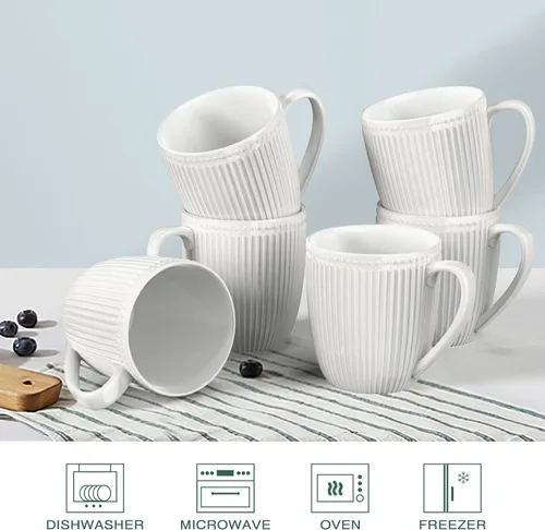 Miniatura 3 de Juego de Tazas de Café de 6, Tazas de Café Blancas de 16 Oz, Tazas de Porcelana, Grandes y Fáciles de Agarrar, Juego de Tazas en Relieve para Café