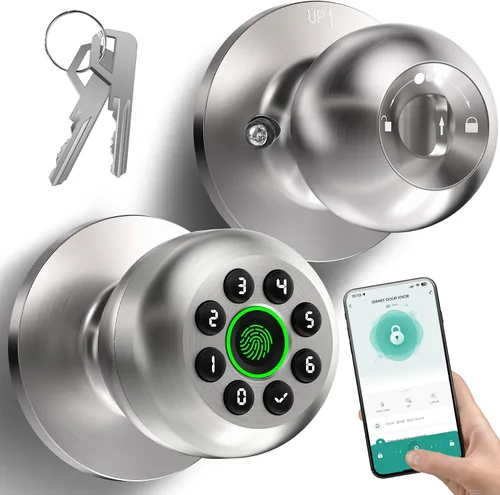 KLLOQUE Fingerprint Door Lock, Smart Fingerprint Door Knob with Keypad, Biometric Door Lock with App Control, Auto Lock Door Lock with Code, Keyless