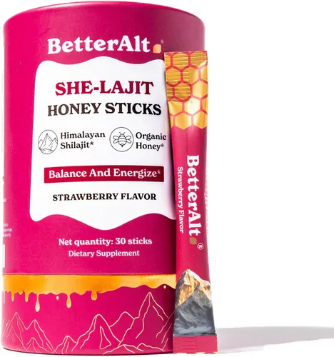 BetterAlt SHE-Lajit - Palillos de miel de fresa | Shilajit para mujer con shatavari y azafrán para equilibrio hormonal y impulso de energía |