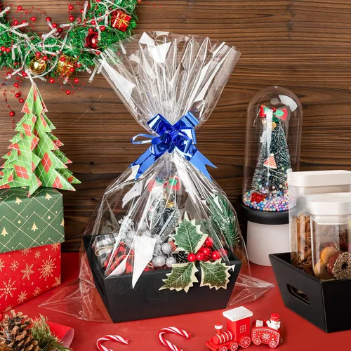 Miniatura 2 de Fainne 74 cestas vacías a granel para regalos, cesta de regalo vacía a granel, incluye 20 bandejas de cartón kraft con asas, 30 bolsas, 24 lazos