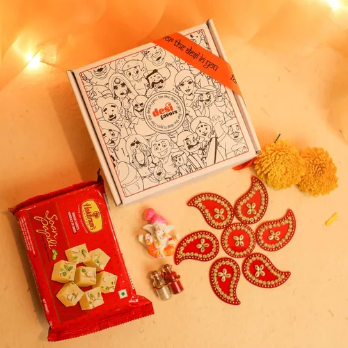 Miniatura 2 de Desi Favors Soan Papdi Diwali - Caja de regalo para amigos y familia, cestas de regalo Diwali, Rangoli + 8.82 oz Soan Papdi Sweet Box + Roli Chawal