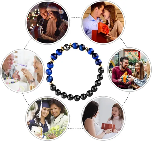 Miniatura 7 de Pulsera de triple protección de buena suerte, para hombres y mujeres, ojo de tigre azul, obsidiana negra, hematita, riqueza, prosperidad, felicidad