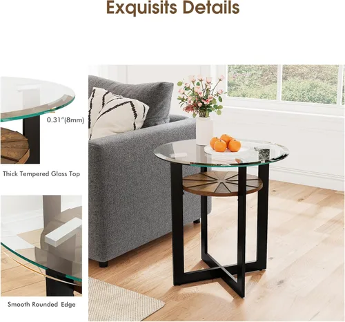 Miniatura 4 de Mesa auxiliar redonda de vidrio negro de 2 niveles, mesa auxiliar circular para sofá con vidrio templado de 0.315 in, mesa de noche transparente