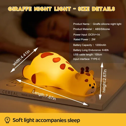 Miniatura 6 de DREAMING MY DREAM Bonita luz nocturna de jirafa para niños, 3 niveles regulables, lámpara táctil de cabecera recargable, luz blanda para guardería