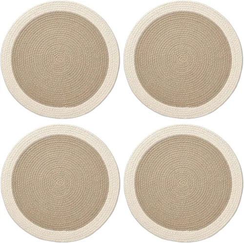 Miniatura 28 de Encasa XO Juego de 6 manteles individuales de comedor, manteles individuales de algodón, 13 pulgadas de diámetro, color beige, cargadores hechos a
