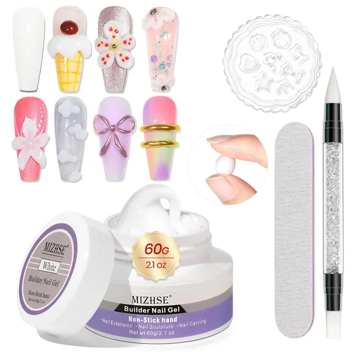 MIZHSE Gel de Construcción Sólido para Uñas, 60g Gel 3D Blanco para Escultura de Uñas, No Pegajoso, Talla Dura, Extensión, Removible en UV LED para