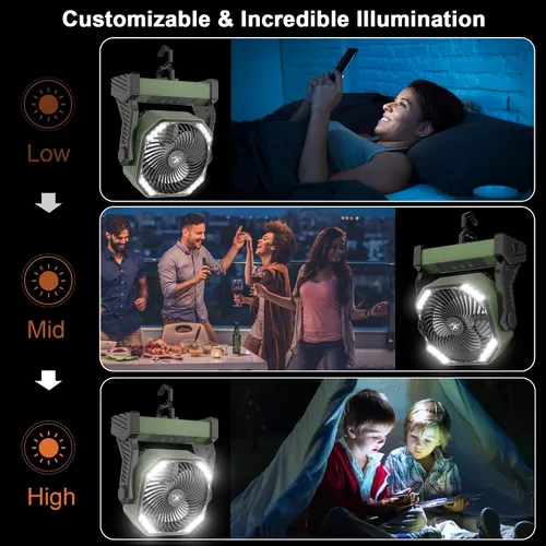 Miniatura 4 de KITWLEMEN - Ventilador de campamento alimentado por batería de 20 000 mAh, refrigeración máxima de 58 horas, 4 velocidades, luz brillante y gancho