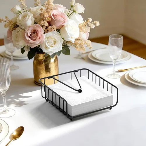 Miniatura 6 de Paquete de 2 servilleteros para mesa con brazo pesado, servilleteros planos de metal para servilletas de papel, dispensador de servilletas al aire
