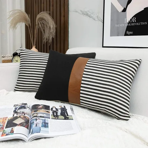 Miniatura 15 de Cygnus - Juego de 2 fundas de almohada de 16 x 16 pulgadas hechas de lino y de la unión de distintas telas con diseño de rayas para decoración Negro