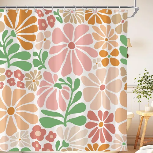 Miniatura 50 de Cortina de ducha pequeña para casa rodante, tamaño medio, estilo retro de los 70, con flores bonitas, estética abstracta de margaritas, decorativa