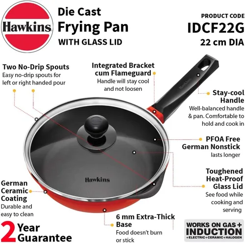 Miniatura 2 de HAWKINS Sartén de 9.4 in compatible con inducción con tapa de cristal, color rojo (IDCF24G)
