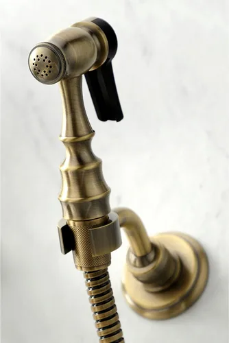 Miniatura 4 de Kingston Brass KS1243ALBS Heritage - Grifo de cocina de montaje en pared de 8 pulgadas con rociador de latón, latón antiguo