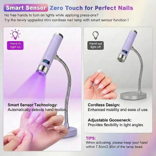 Miniatura 2 de Linssy Mini Luz UV para Uñas con Sensor Automático y Soporte de Cuello de Cisne, Lámpara de Uñas Inalámbrica Portátil con Pantalla LCD, Luz UV