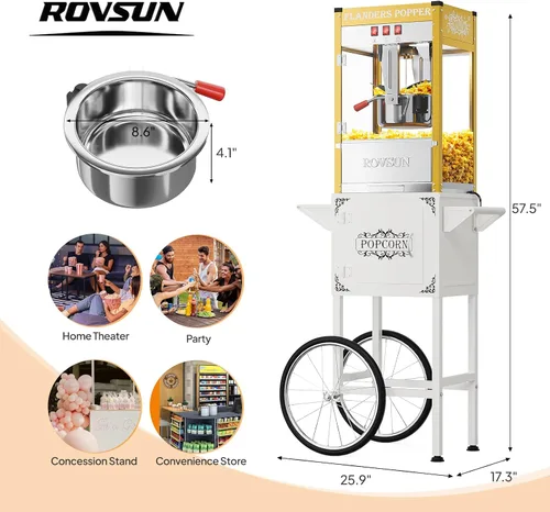 Miniatura 7 de ROVSUN Máquina de palomitas de maíz con carrito, ruedas y hervidor de 10 onzas que hace hasta 4 galones certificado ETL, máquina de palomitas