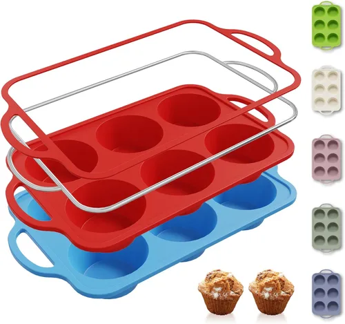 Miniatura 48 de 2 paquetes de 12 tazas de molde para magdalenas de silicona para hornear con marco reforzado de metal, molde para cupcakes de tamaño regular, Crema