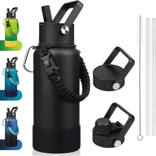 Miniatura 38 de BJPKPK - Botella de agua con tapa de popote, botellas de agua aisladas de 18 onzas con 3 tapas, asa de cuerda de paracaídas y base antideslizante