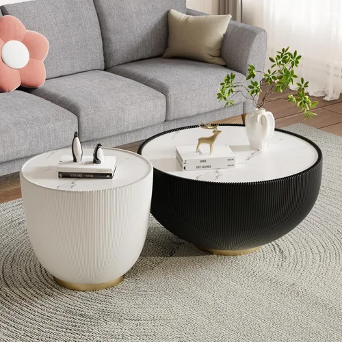 Miniatura 9 de Mesa auxiliar redonda de 29.53 pulgadas, mesas de cóctel modernas con textura vertical decorativa, mesas centrales de cuenco negro de 29.53