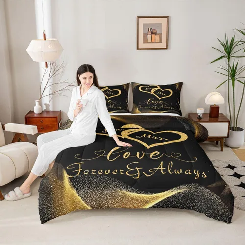 Miniatura 3 de Erosebridal Juego de edredón para parejas, juego de ropa de cama tamaño individual con lentejuelas doradas con purpurina dorada, edredón acolchado