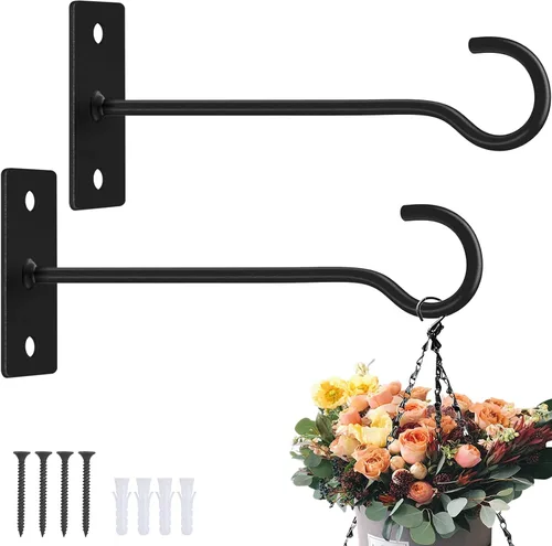 Ganchos para plantas, paquete de 2 soportes de metal para colgar plantas de 6 pulgadas, gancho decorativo para comederos de pájaros, macetas, Negro