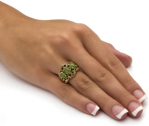 Miniatura 3 de PalmBeach - Anillo de 3 piedras de jade verde genuino chapado en oro amarillo antiguo con forma ovalada, tallas 5-10