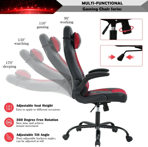 Miniatura 3 de Silla ergonómica para videojuegos, silla de escritorio de oficina con respaldo alto para computadora, con soporte lumbar, ajustable, giratoria, Rojo