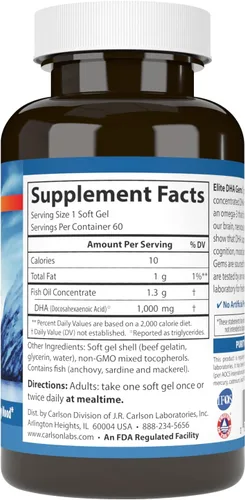 Miniatura 2 de Carlson - Gemas Elite DHA, 1000 mg de DHA, capturadas en la naturaleza, de origen sostenible, función cerebral y visión saludable, 60 cápsulas